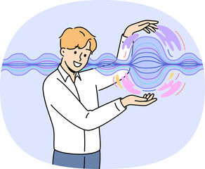Man stands near energy wave, demonstrating results scientific experiments on physical phenomena. Business guy touches energy wave that allows you to quickly transmit commercially important information
