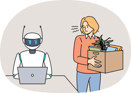 Woman fired due to robotization of business processes stands with dismissal box near robot with laptop. Fired girl is angry at artificial intelligence and robotization tech that replace living people