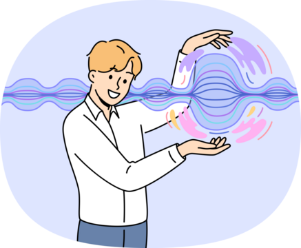 Man stands near energy wave, demonstrating results scientific experiments on physical phenomena. Business guy touches energy wave that allows you to quickly transmit commercially important information