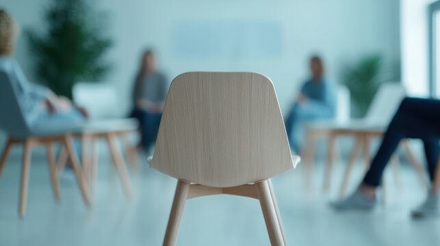 Empty chair facing a group discussion in a bright, modern studio, emphasizing community and connection in therapy or coaching sessions.