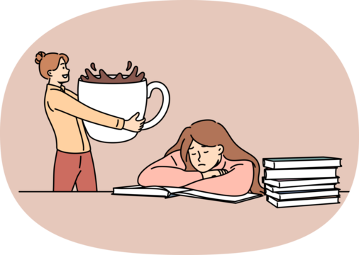 Woman brings lot of coffee to tired female student sitting at table with books to prepare for exams. People drink many of coffee to restore strength and increase concentration when studying