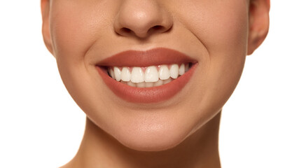 Obraz premium Close-up of young woman’s bright smile with white, healthy teeth and natural lip color against white studio background. Concept of natural beauty, cosmetology products, self-care, wellness.