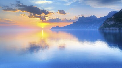 Fototapeta premium Calm bay reflections on serene water surface mirroring vibrant sunset hues with distant hills forming a peaceful backdrop.
