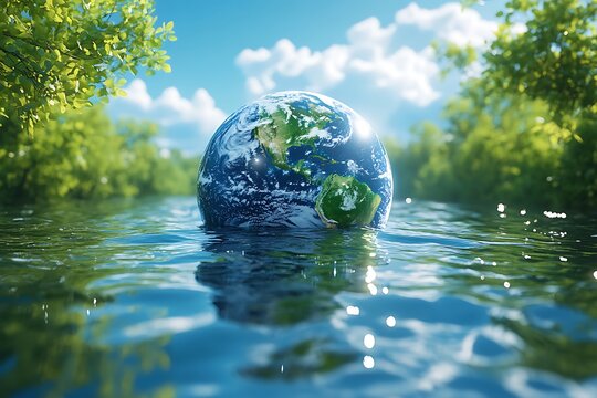 Planet Earth in the form of a globe in transparent water with splashes.