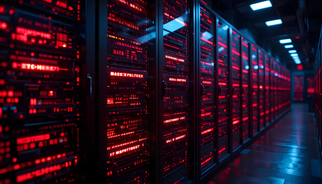 abstract data storage system glowing red lights