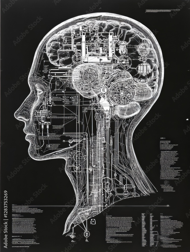 Aufkleber Schematic representation of human head with artificial intelligence mechanisms inside. Generative AI