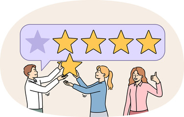 Team work to improve rating and receive five-star rating from three friendly managers. Business people provide quality customer service to win company rankings based on user surveys