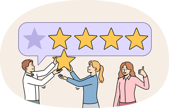 Team work to improve rating and receive five-star rating from three friendly managers. Business people provide quality customer service to win company rankings based on user surveys