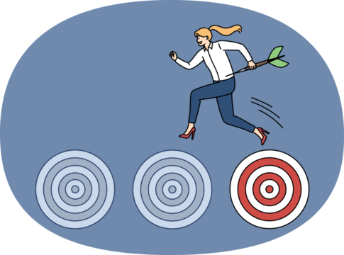 Purposeful woman shows ambition and motivation to achieve goals, jumping on dartboards. Purposeful female manager overcomes difficulties along way, moving forward along career ladder