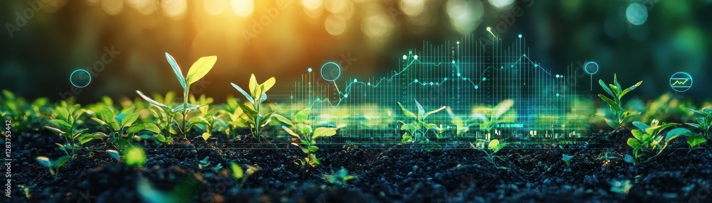 Poster digital dashboard displaying metrics for sustainable economic growth in a green environment with see