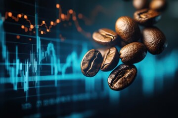 artistically composed coffee beans levitating above glowing blue stock chart, warm coffee tones contrast with cool market data