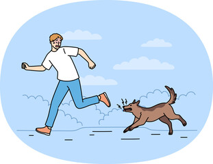 Man runs away from angry barking dog infected with rabies and lunging at passers-by. Dog chases cowardly guy because of intrusion into chat territory or bad attitude towards animals