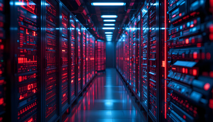 abstract data storage system glowing red lights