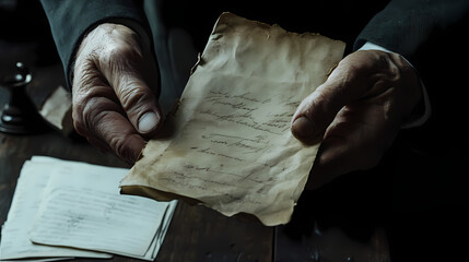 A man holds an aged letter, nostalgia and memories. Fading Memories in Shadows. Illustration