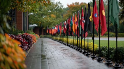 International flags line autumn walkway, campus background, global unity