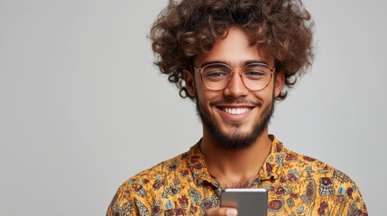 oung man wearing glasses, smiling while looking at smartphone, casual outfit, white background, professional studio lighting.