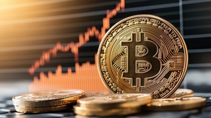 Digital currency growth chart with bitcoin symbol and upward trend line on a financial background