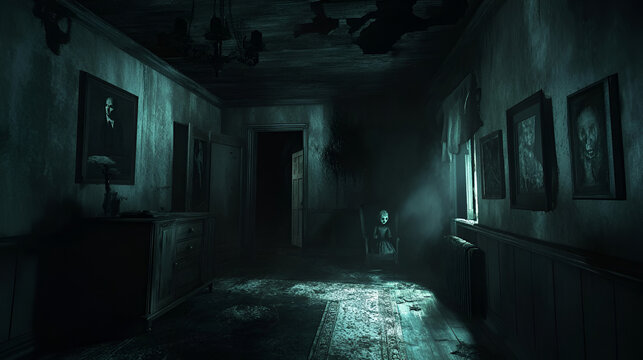 abandoned house, dimly, darkness, horror ambience, sinister, abandoned, dirty