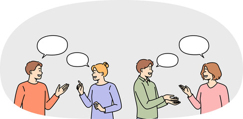 People discussion interesting questions, talking and sharing thoughts, stand under dialogue bubbles. Discussion of men and women exchanging information and experiences during professional conference