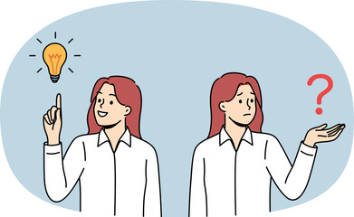 Business woman comes up with idea after problem arises and rejoices at finding answer to question. Upset manager, who learned about presence of trouble, rejoices having come up with brilliant idea