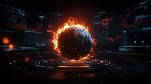 Digital representation of a burning earth in a dark room with high fidelity details and vivid colors