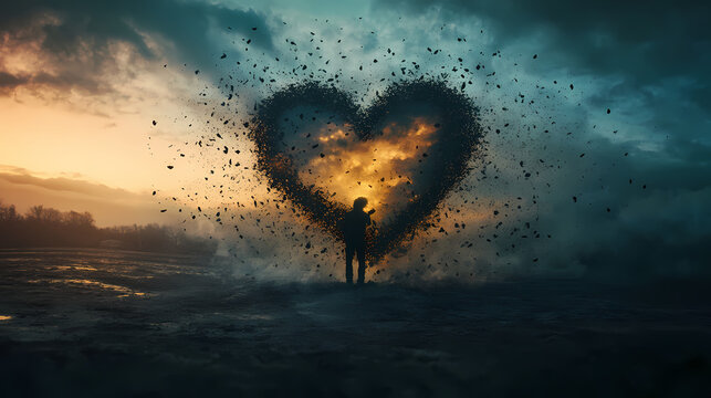 A symbolic representation of love fading away as a heart turns to ash. Fading Memories in Shadows. Illustration