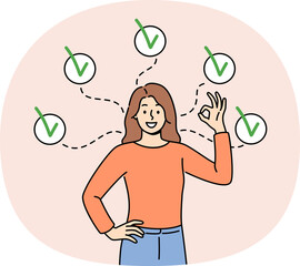 Woman shows ok gesture, reporting achievement of all assigned tasks, standing among checkmarks. Girl filled out questionnaire about quality of services provided is busy completing tasks