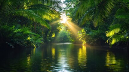 Sunlight streams jungle river