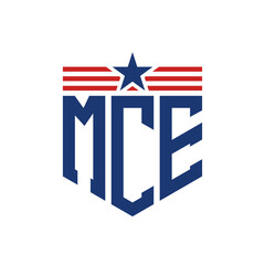 Patriotic MCE Logo with Star and American Flag Straps. Letter MCE Logo with USA Flag