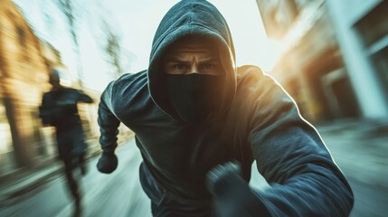 A hooded figure runs through an urban landscape at sunset, creating a dramatic and suspenseful atmosphere encapsulating the essence of determination and urgency.