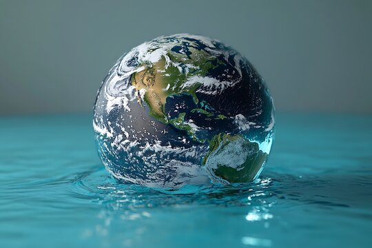 Planet Earth in the form of a globe in transparent water with splashes.