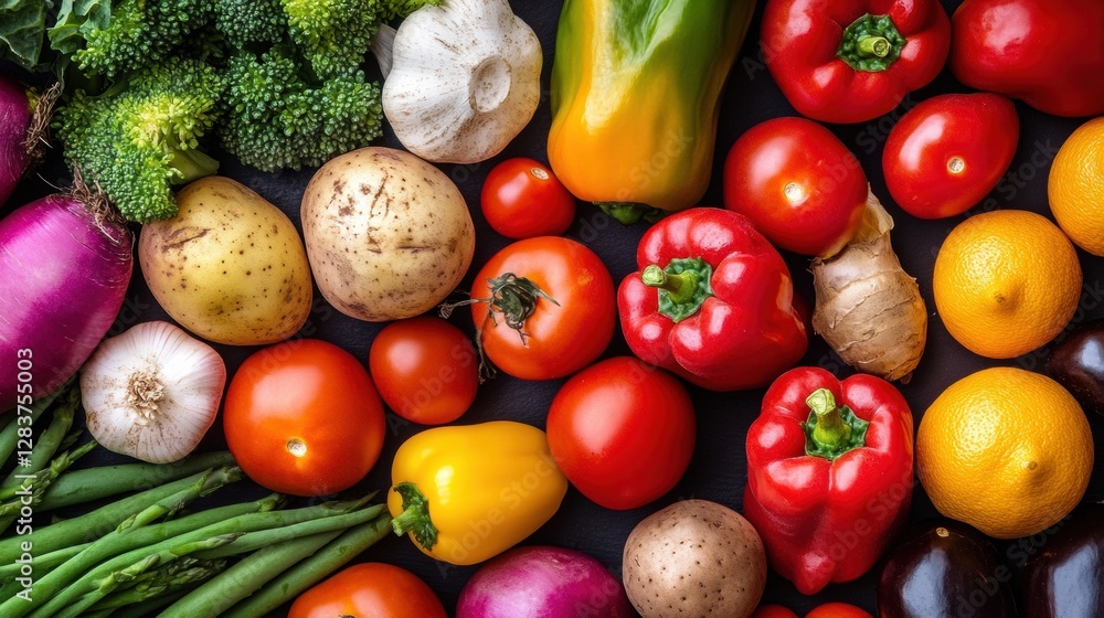 Poster fresh assortment of colorful vegetables and fruits arranged on a dark background during morning prep
