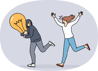 Theft of intellectual property from woman running after criminal with large light bulb symbolizing...