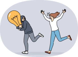 Theft of intellectual property from woman running after criminal with large light bulb symbolizing idea. Concept of copyright infringement and rules of use of intellectual property