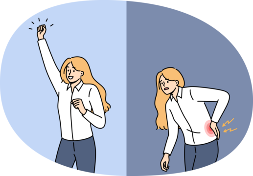 Woman with sore lower back bends over in pain, feeling sciatica, begins to rejoice after healing. Problem of sciatica or hernia caused by heavy lifting in young girl in business clothes