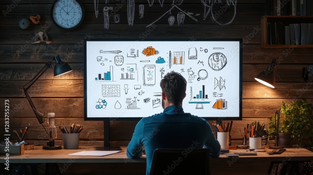 Poster business professional analyzing data and charts on a large screen in a modern workspace with creativ