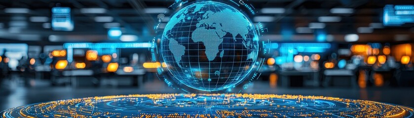 Naklejka premium Futuristic Economic Hub Integrating AI and Automation Technologies to Enhance Global Connectivity and Efficiency in Business Operations