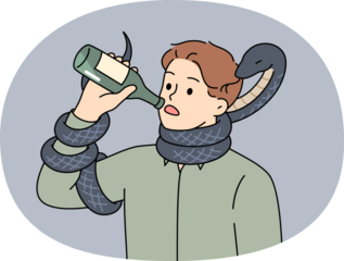 Man drinks beer standing with snake around neck, metaphor for alcohol addiction and slow destruction of health. Guy with bottle of beer in hands is addicted to alcohol and leads unhealthy lifestyle.