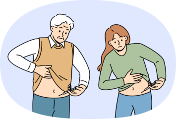 People with diabetes inject insulin into stomach to lower blood sugar levels and feel better. Diabetes problem in young woman and old man requiring regular doses of medication for hyperglycemia