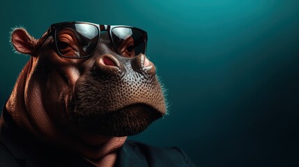 A humorous portrait of a hippo wearing sunglasses, showcasing the animal's expression and personality in a quirky and unexpected way, perfect for creative storytelling.