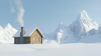 Cozy mountain cabin with smoke curling from chimney, surrounded by snow-capped peaks, creating a peaceful winter wonderland atmosphere.