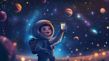 Naklejka premium Astronaut child exploring the cosmic wonders outer space digital art starry environment playful viewpoint imagination unleashed