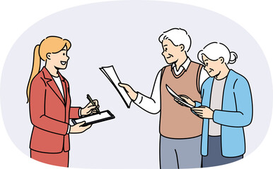 Girl conducts survey of older people, issuing questionnaires to study quality of life after...