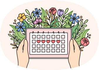 Menstrual cycle calendar in hands of woman and flowers, for design of gynecological products for girl or calculation of PMS. Women health concept and tracking menstrual or PMS days