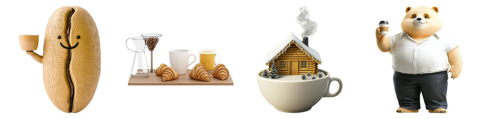 coffee lover and clipart concept. Coffee-themed arrangement featuring beans, treats, a cozy cup, and a bear character. on Transparent background.