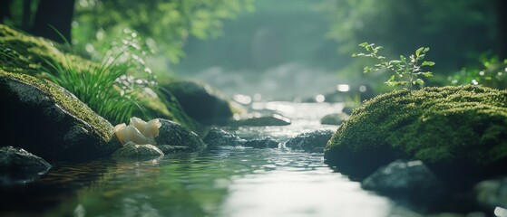 Fototapeta premium Serene forest stream flows over mossy rocks, enveloped by tranquil greenery, capturing nature's calming essence.
