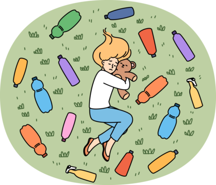 Environmental disaster and plastic waste causes stress in teenage girl lying among bottles on lawn. Concept environmental problems and natural disasters caused by uncontrolled spread of landfills