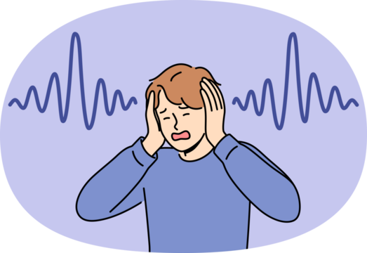Man who has lost hearing clasps hands and screams, experiencing panic due to symptoms of terrible disease. Guy with good hearing suffers from loud music and noise, feels headache and migraine