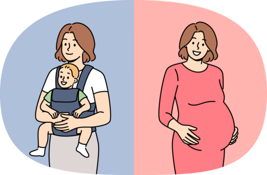 Pregnant woman before and after childbirth, puts hands on stomach or holds newborn baby in arms. Happy girl experiences happiness after childbirth and positive emotions from motherhood