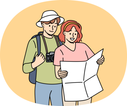 Couple of tourists study map, choosing route for hike in mountains with wildlife or walk along city streets. Tourists with photo camera use paper map for navigation and orientation on terrain.